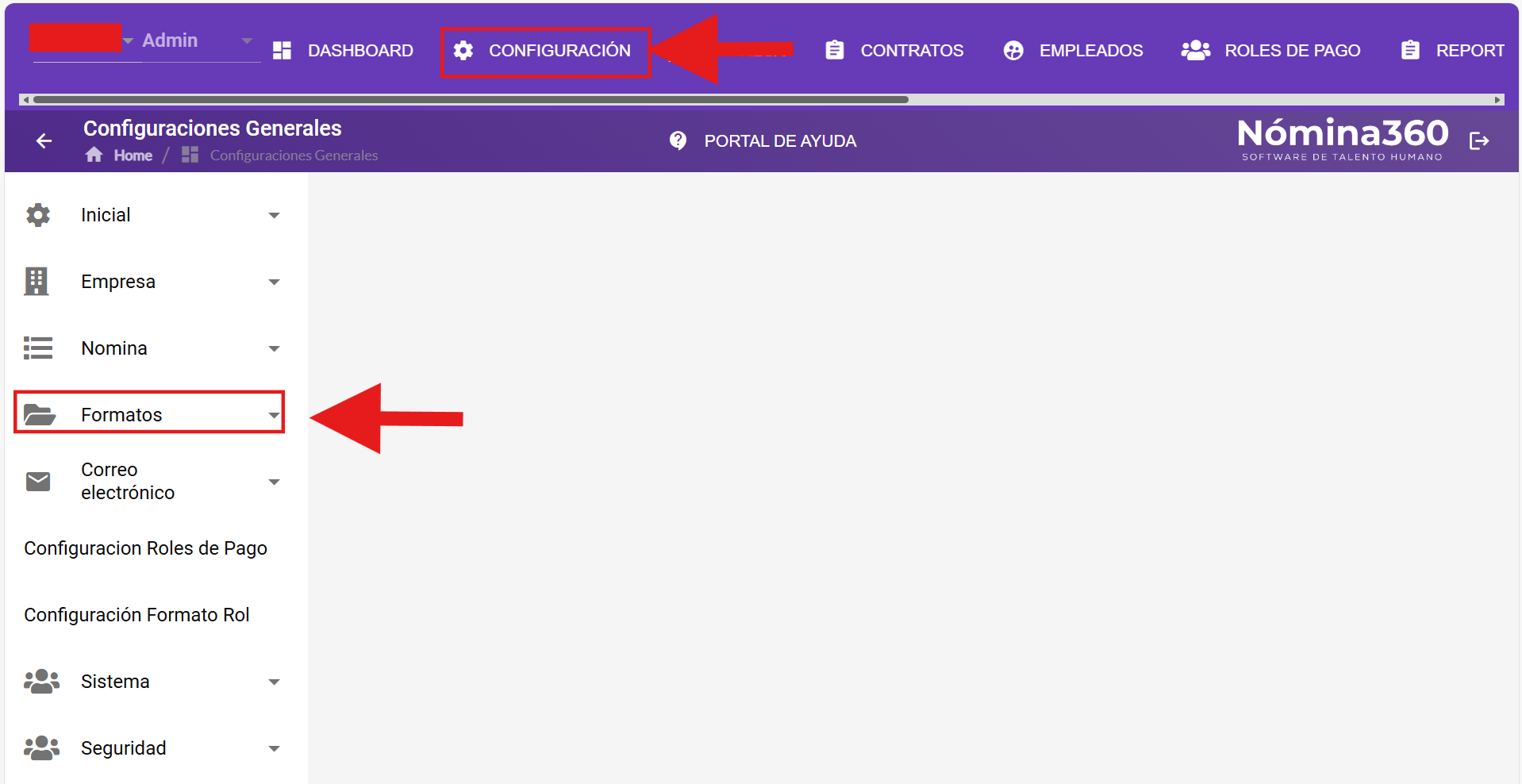 Menú Configuración con la opción Formatos seleccionada