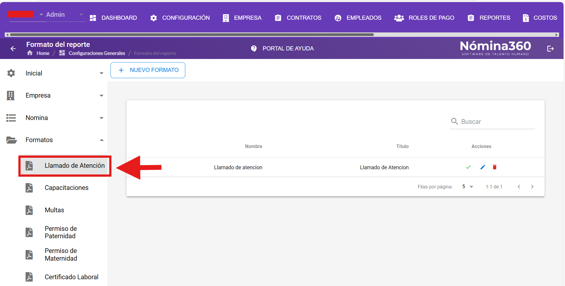 Listado de formatos con la opción Llamado de Atención