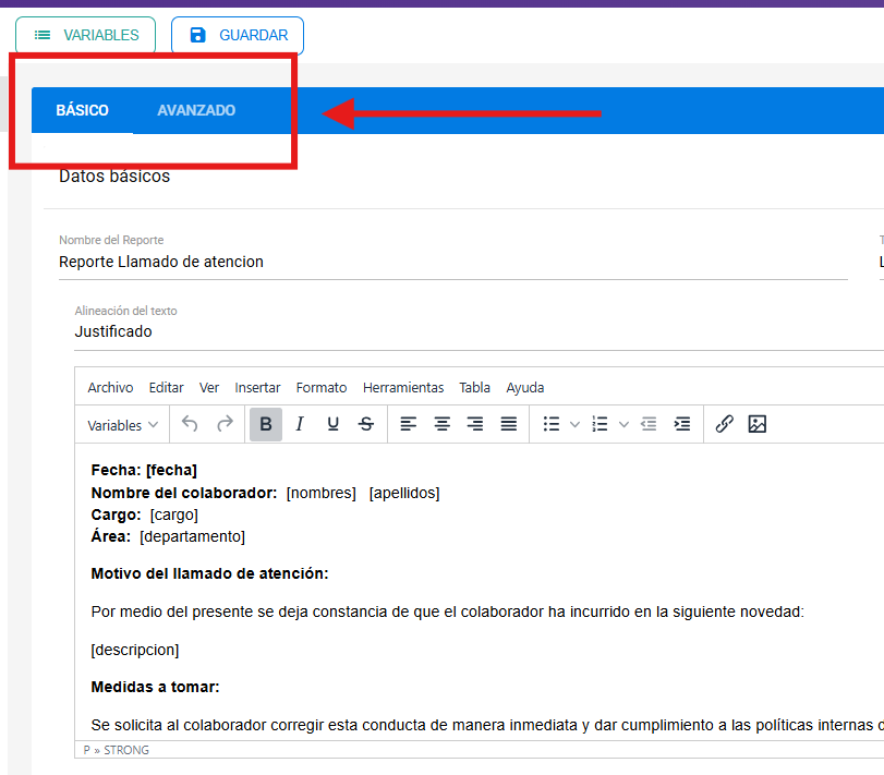 Editor del formato con las pestañas Básico y Avanzado