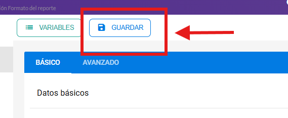 Botón Guardar en la parte superior del editor del formato