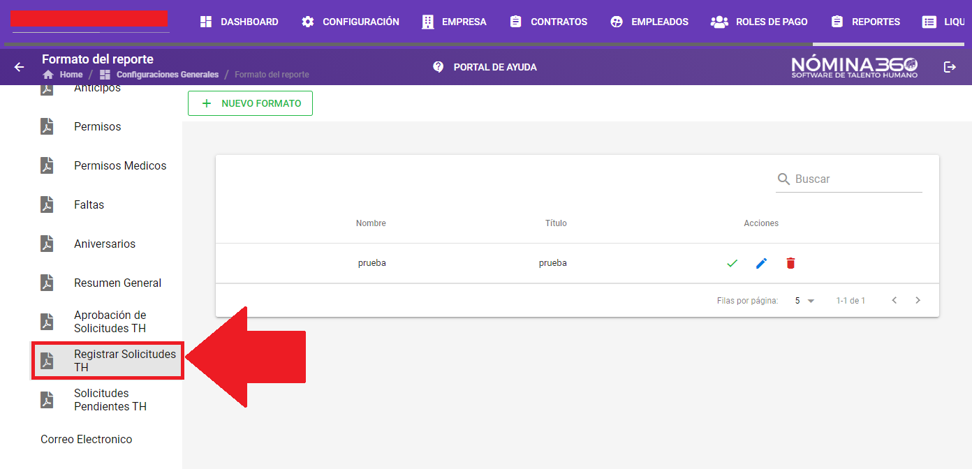 Listado de formatos con la opción Registrar Solicitudes TH