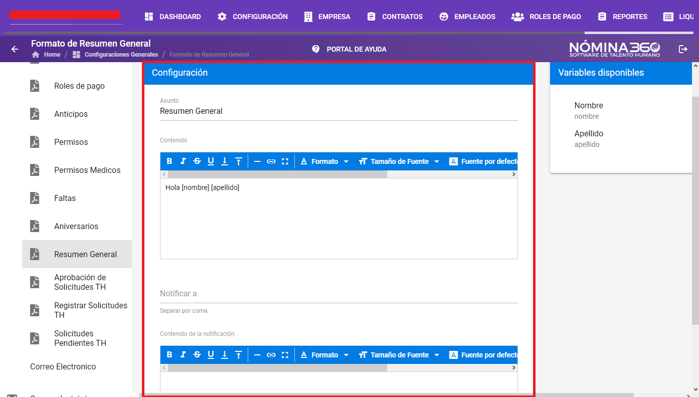 Formulario de configuración del formato Resumen General