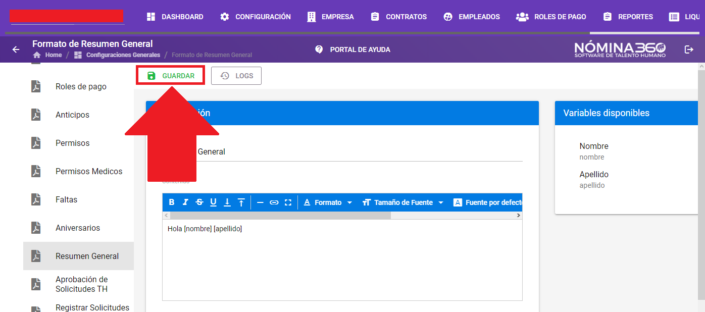 Botón Guardar del formato Resumen General