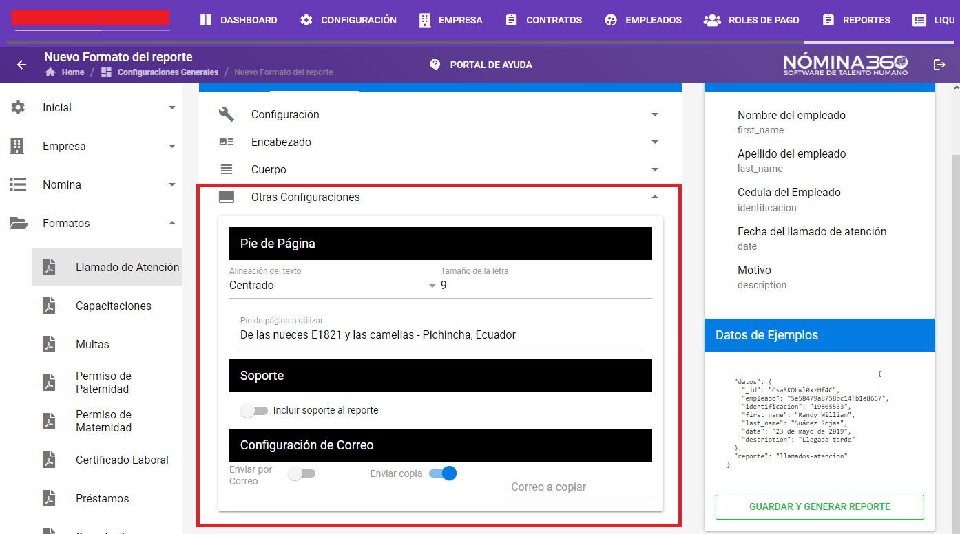 Sección Otras Configuraciones del formato
