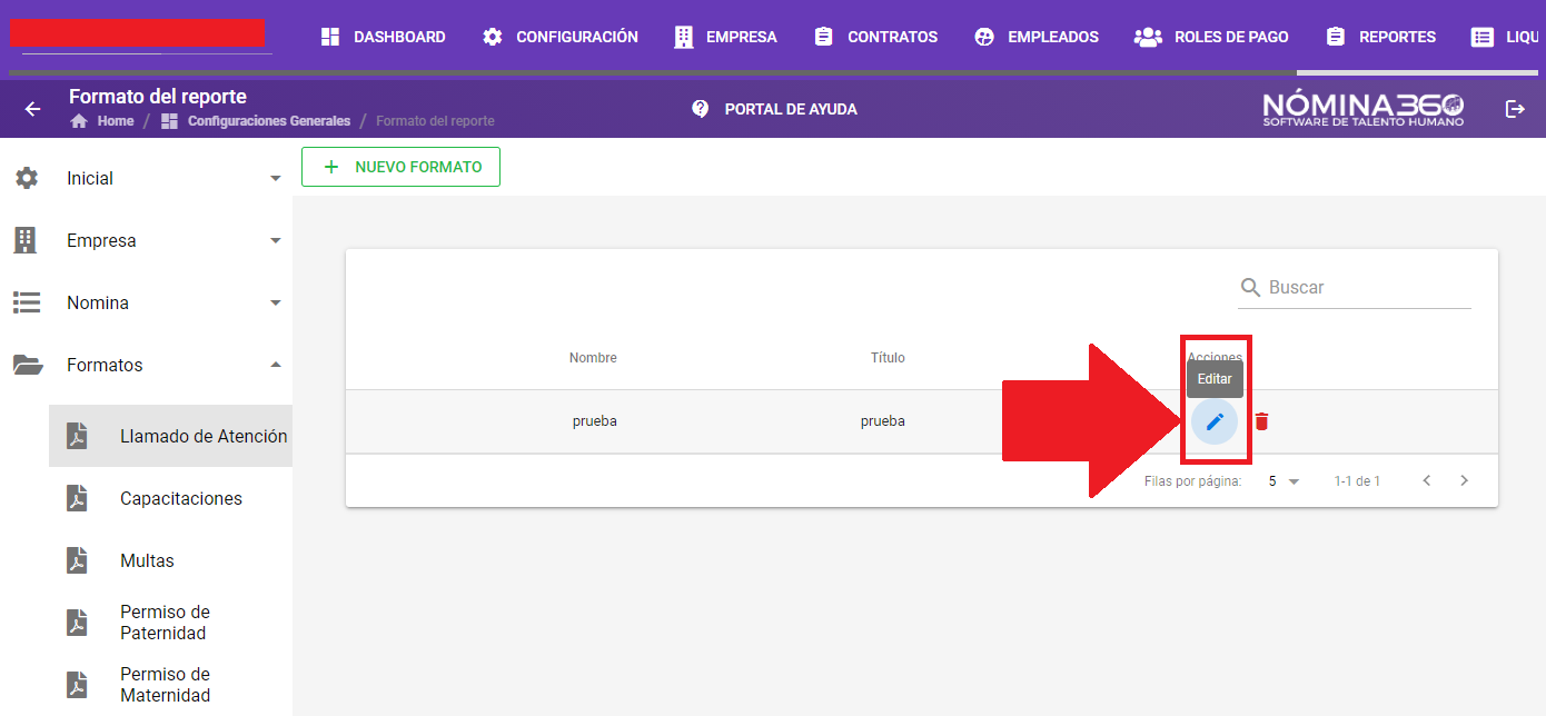 Listado de formatos con la acción Editar
