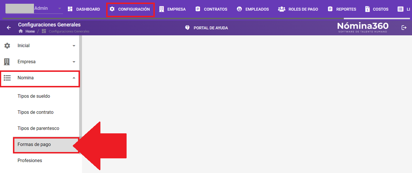 Acceso al menú Formas de Pago dentro de Configuración → Nómina