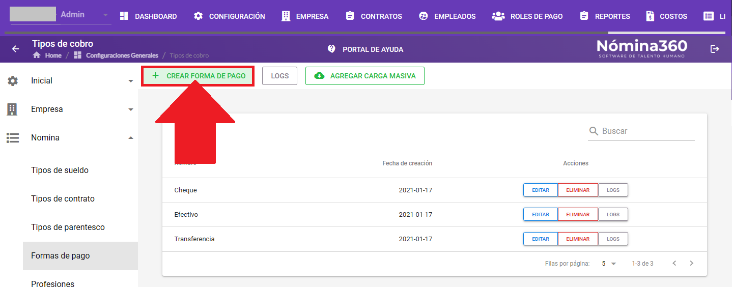 Botón + Crear forma de pago en el listado