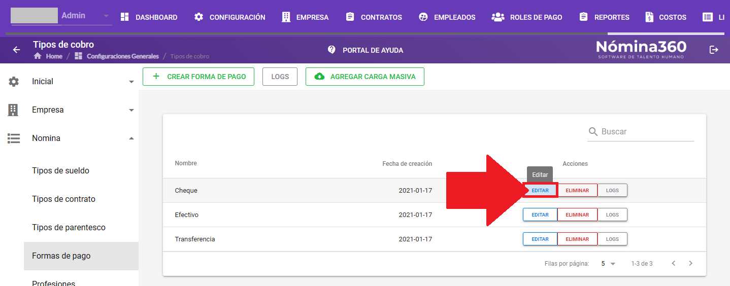 Acción Editar junto a una forma de pago en el listado