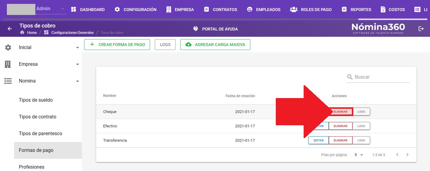 Acción Eliminar junto a una forma de pago