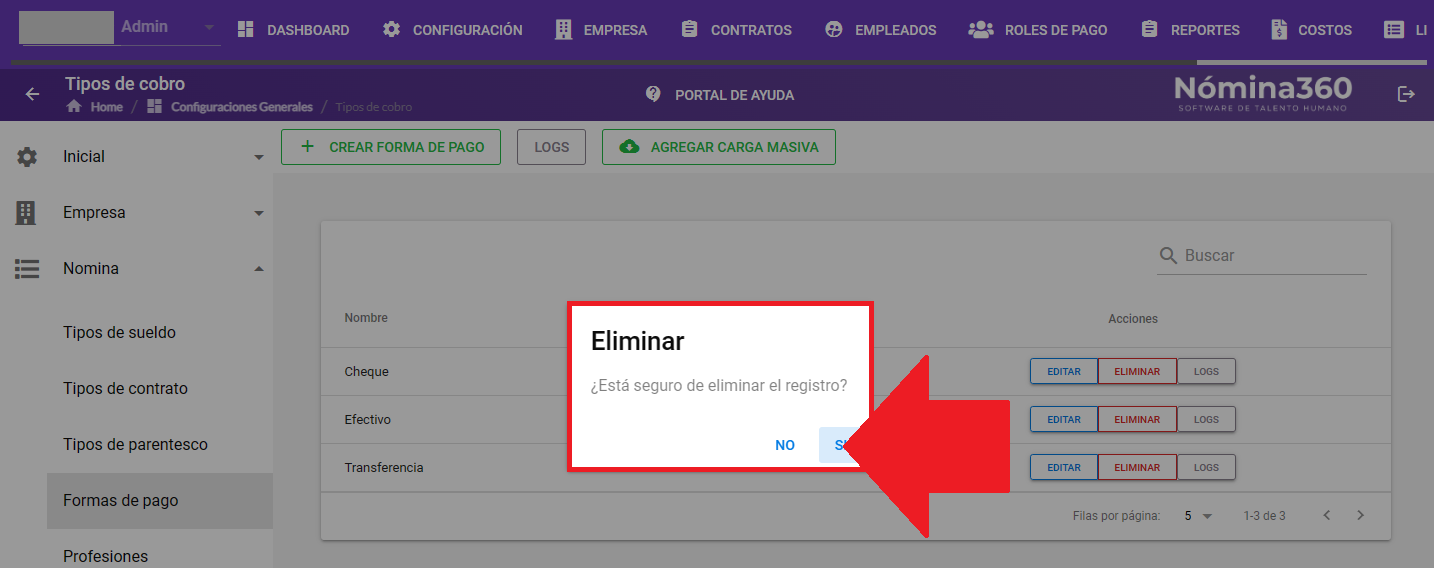 Cuadro de confirmación con la opción Sí para eliminar