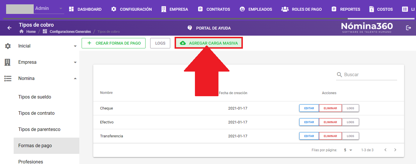 Botón Agregar carga masiva en el listado de formas de pago
