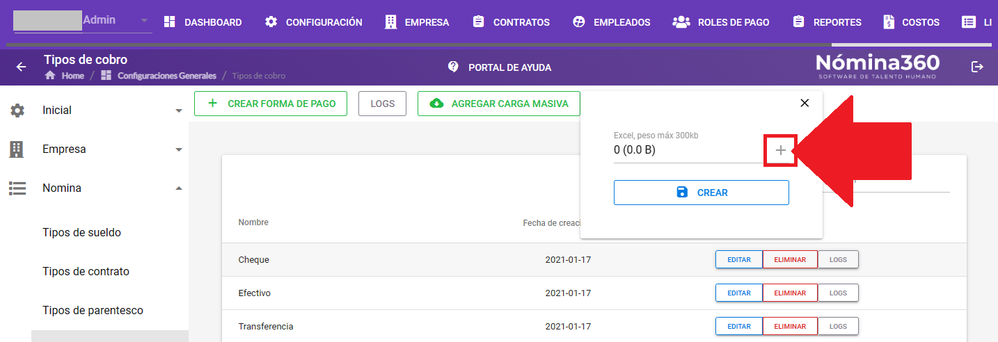 Botón + del campo Archivo para subir el archivo de carga masiva
