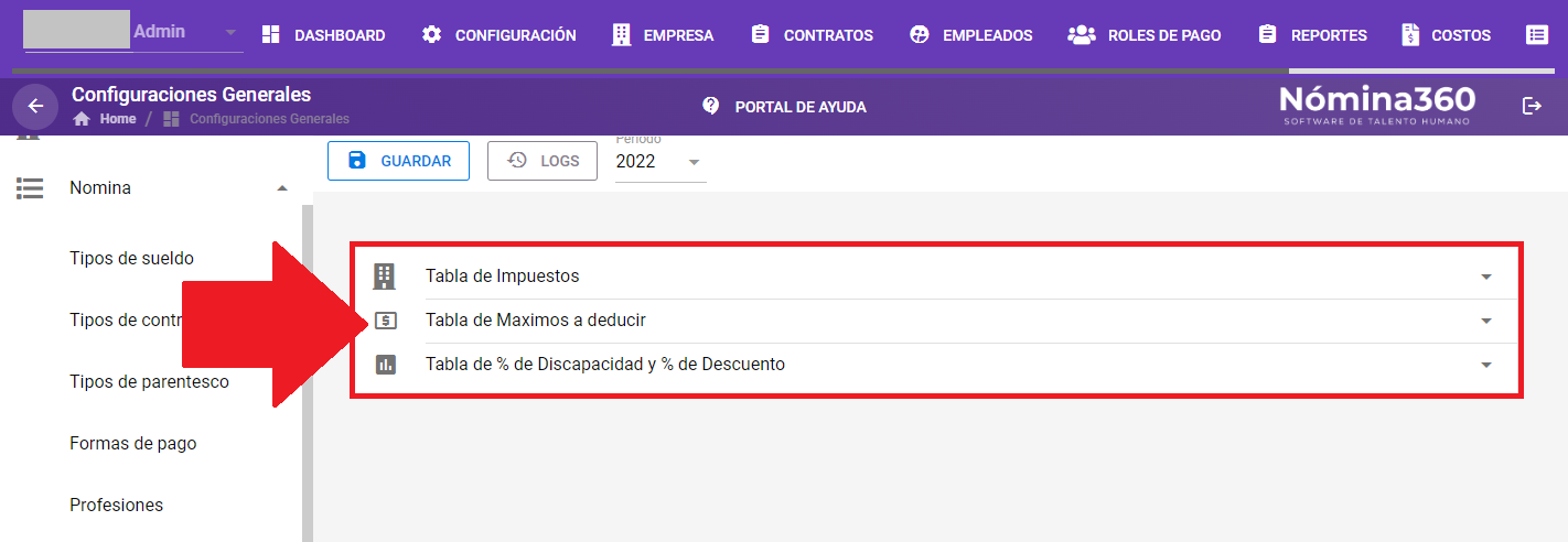 Pantalla de Generación de Impuestos con las tres tablas de configuración