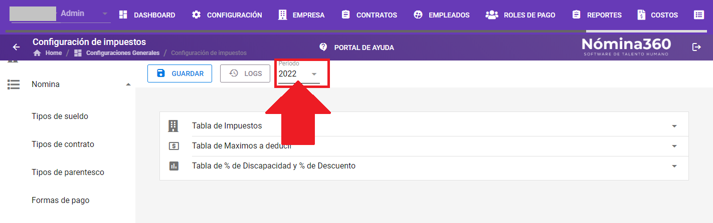 Selector de período en la pantalla de Generación de Impuestos