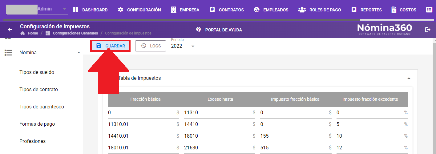 Botón Guardar al pie de la Tabla de Impuestos