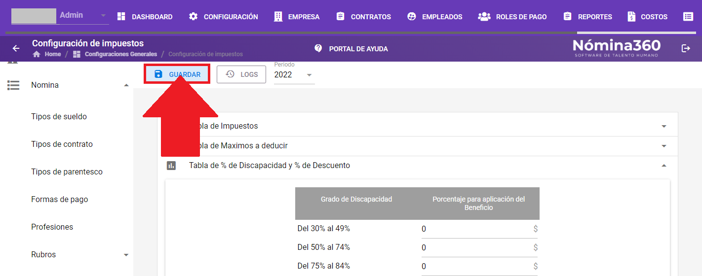 Botón Guardar al pie de la Tabla de % de Discapacidad y % de Descuento