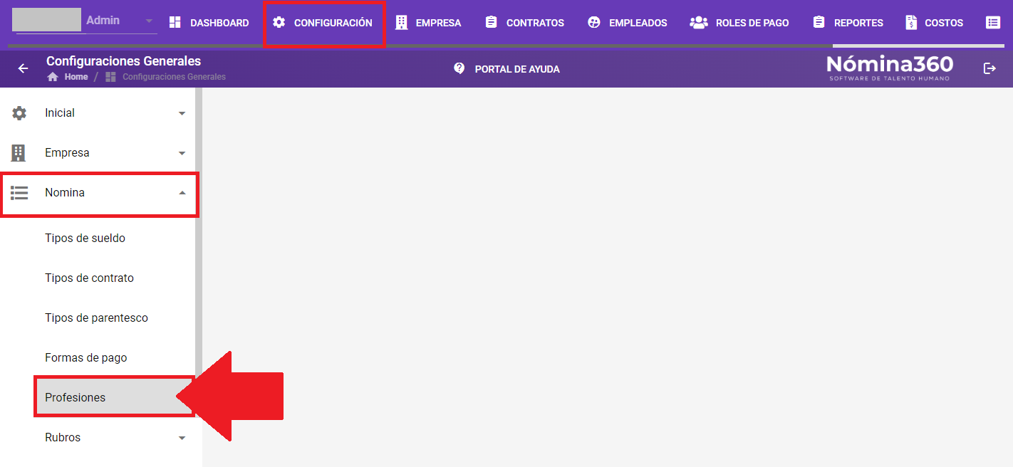 Acceso al menú Profesiones dentro de Configuración → Nómina