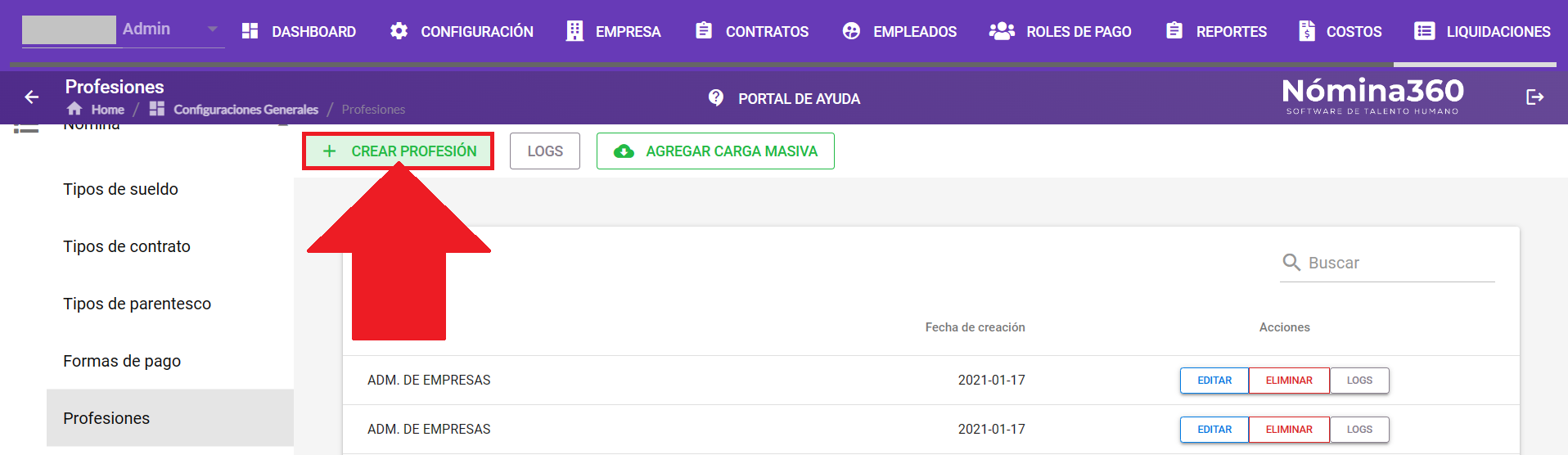 Botón Crear Profesión en el listado de profesiones