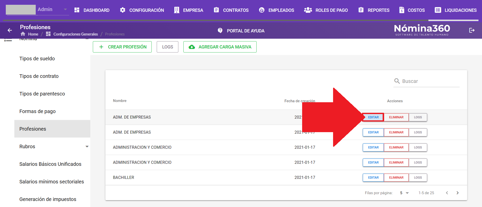 Acción Editar junto a una profesión en el listado