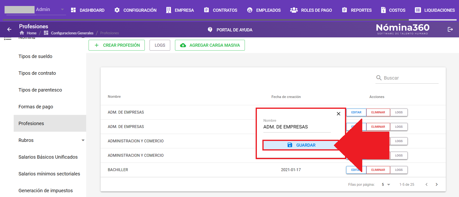 Formulario de edición de profesión con el botón Guardar