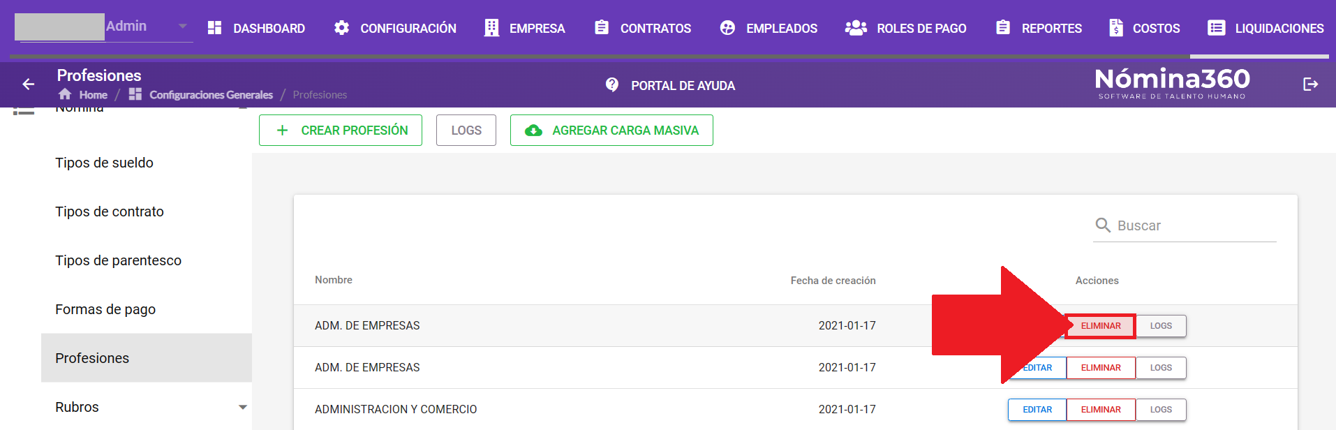 Acción Eliminar junto a una profesión