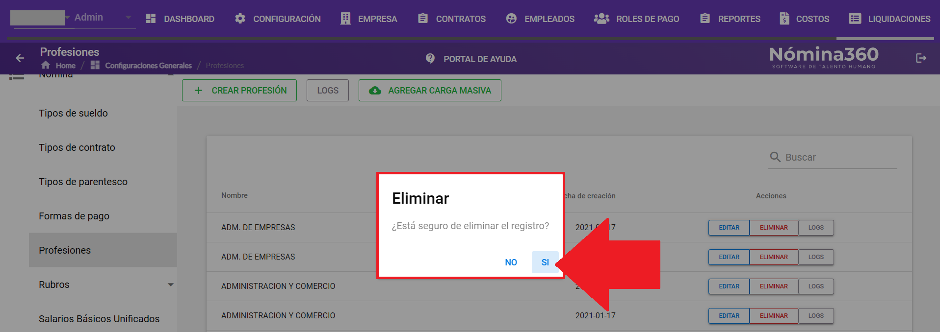 Cuadro de confirmación con la opción Sí para eliminar la profesión