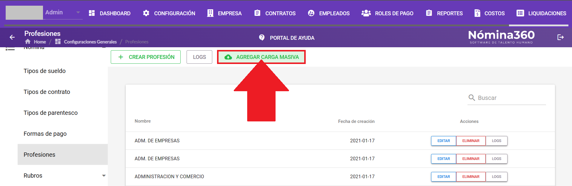 Botón Agregar Carga Masiva en el listado de profesiones