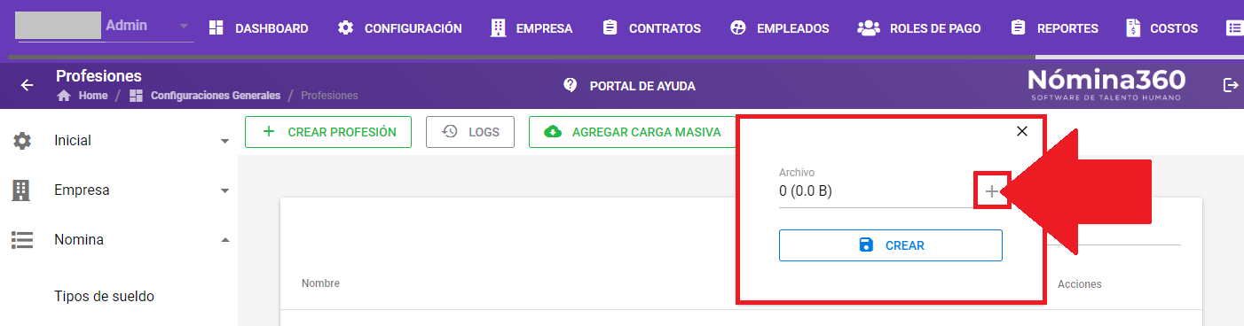 Botón + del campo Archivo para cargar el archivo de profesiones