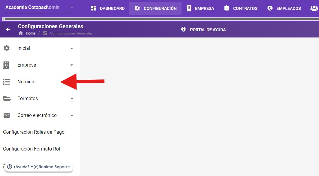 Submenú Nómina con la opción Rubros disponible