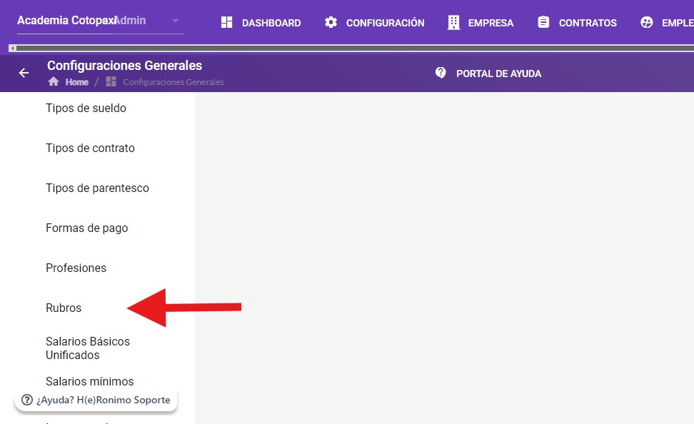 Listado de Rubros con las pestañas de ingresos, egresos y provisiones