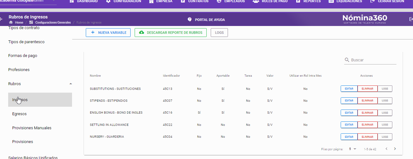 Acción para descargar el Reporte de Rubros de Ingresos en PDF