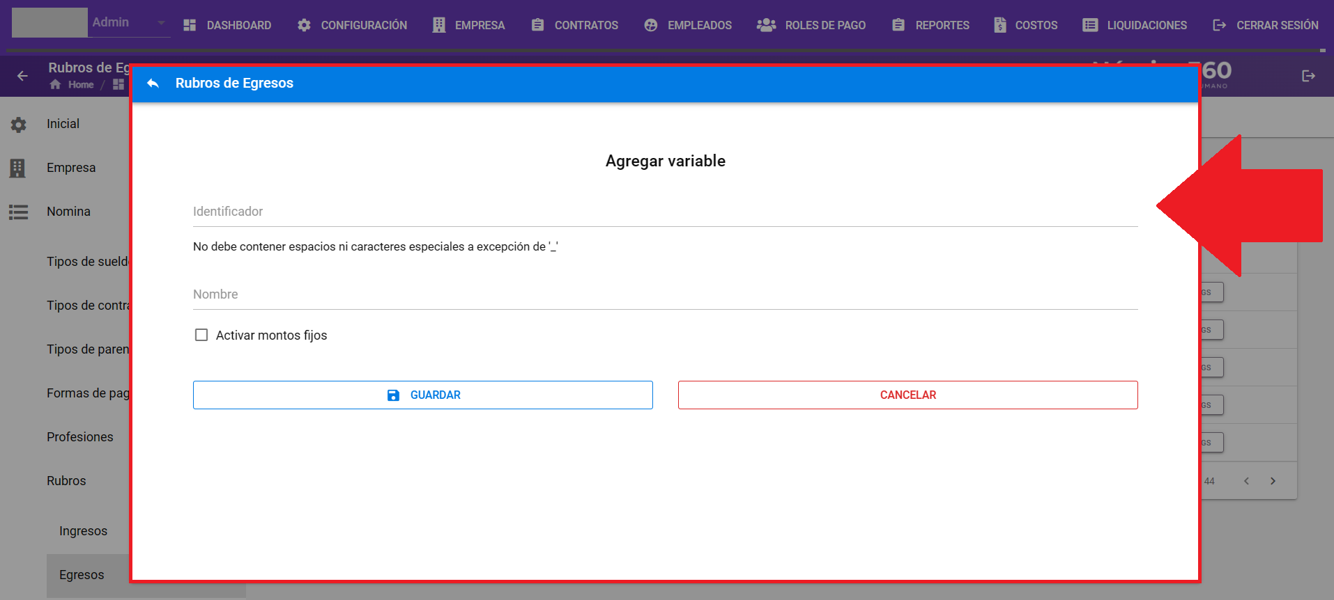 Formulario de creación de Rubro de egreso con sus campos