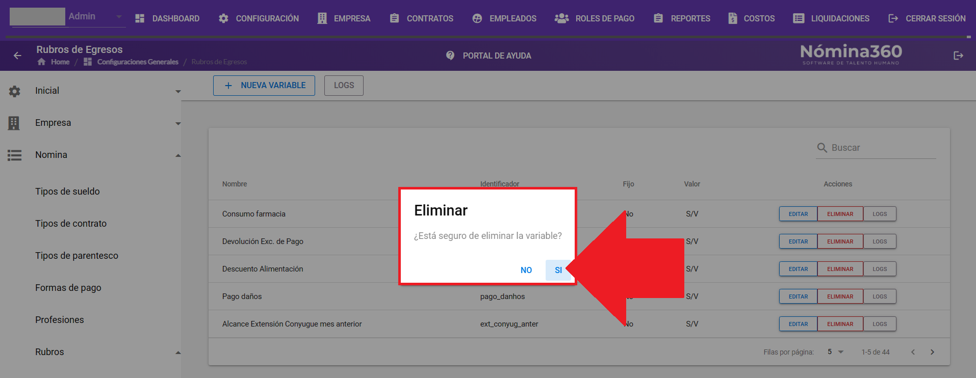 Cuadro de confirmación con las opciones Sí y No