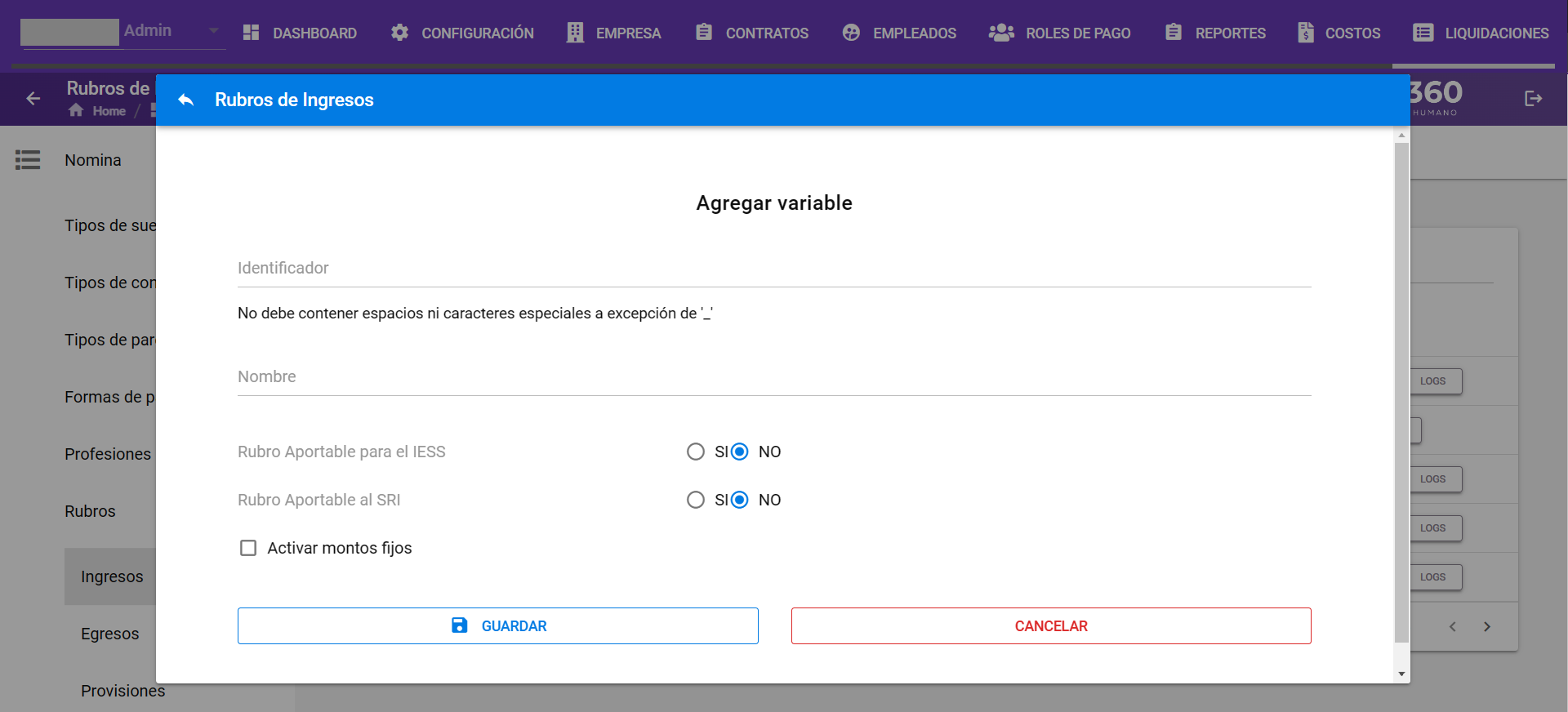 Formulario de creación de Rubro de ingreso con sus campos