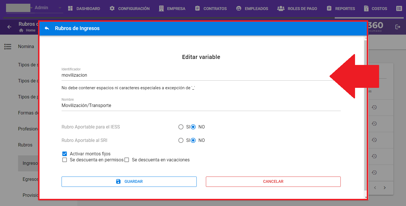 Formulario de edición de Rubro de ingreso con los datos editables