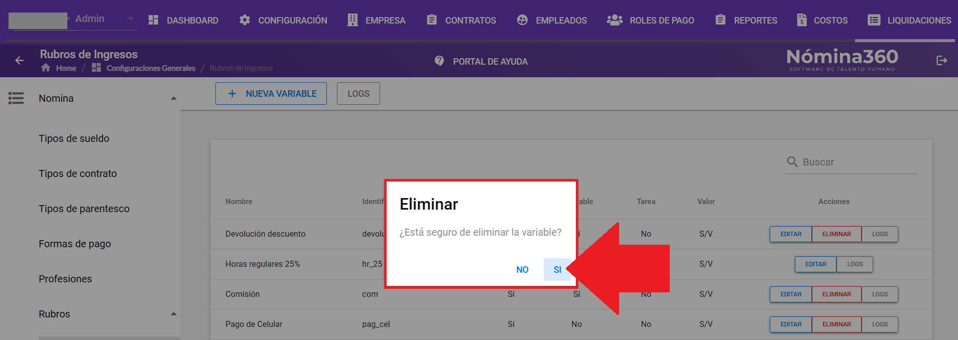 Cuadro de confirmación con las opciones Sí y No