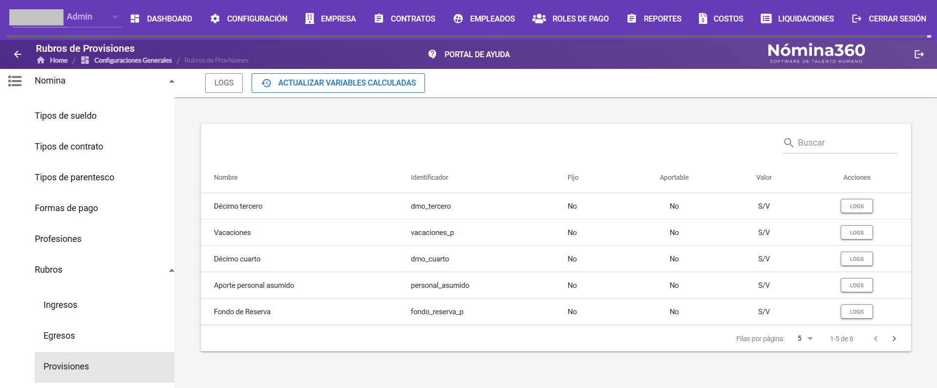 Pantalla de Rubros de provisiones con la opción Actualizar Variables Calculadas