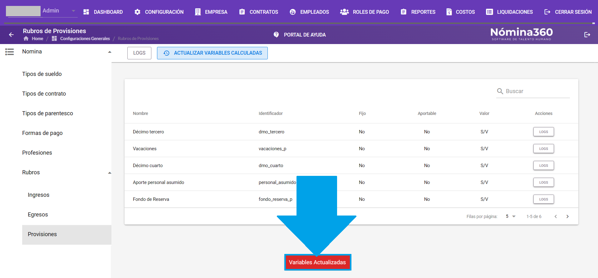 Mensaje de confirmación Variables Actualizadas