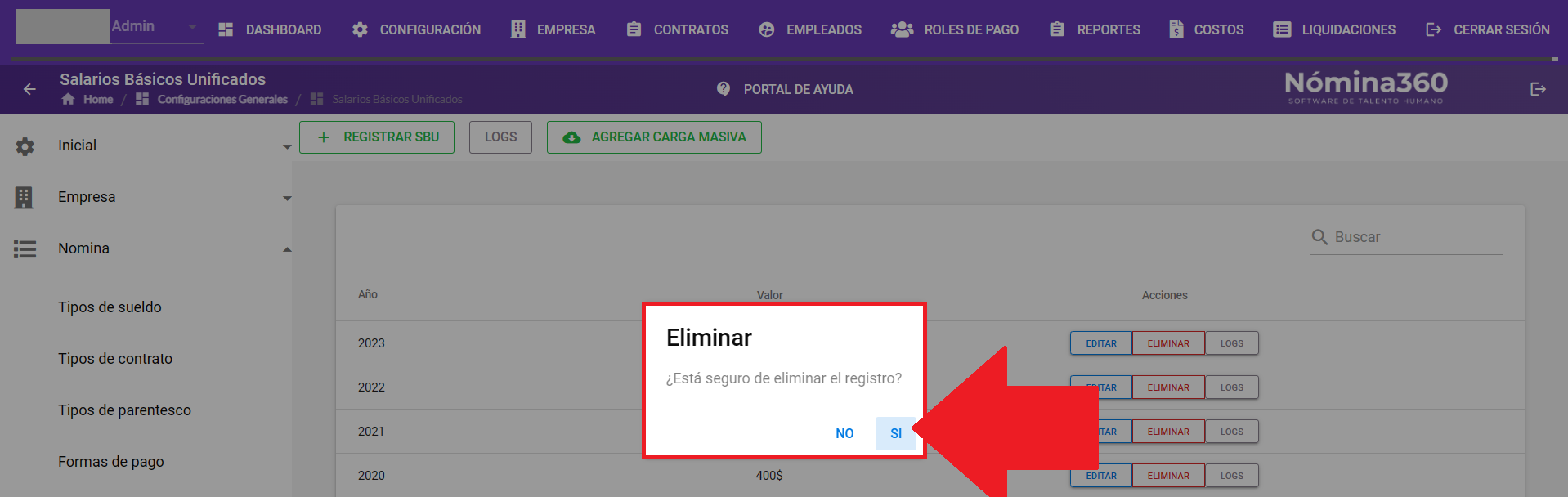 Cuadro de confirmación con la opción Sí para eliminar el SBU