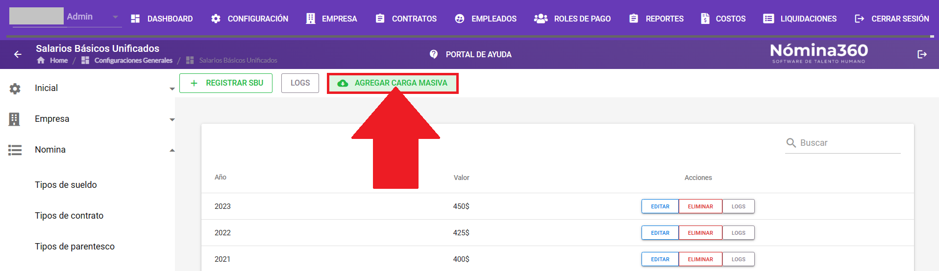 Botón Agregar carga masiva en el listado de SBU