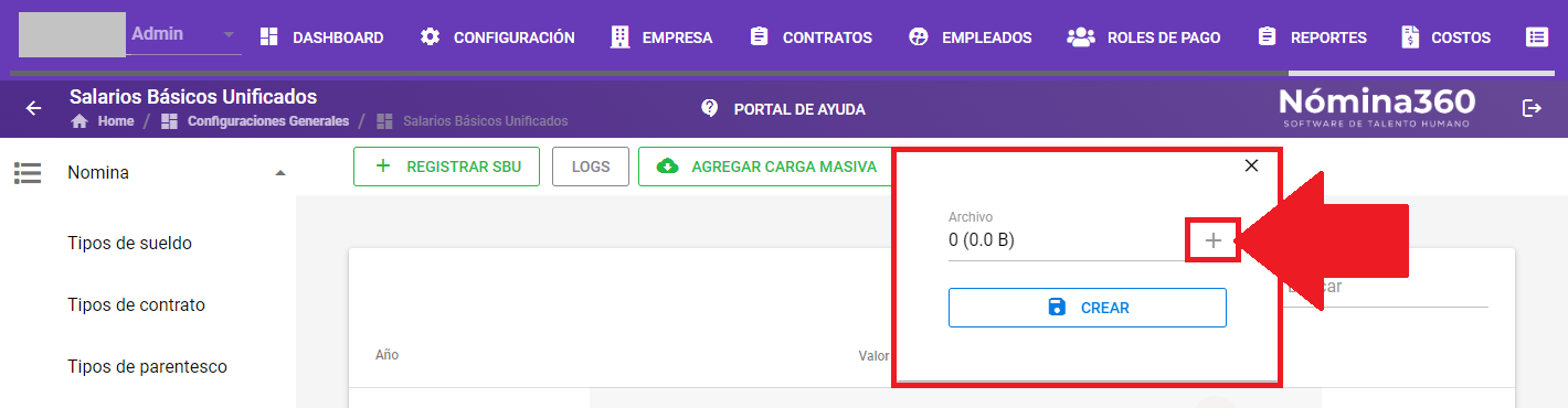 Botón + del campo Archivo para subir el archivo de SBU