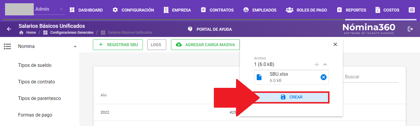 Botón Crear al final del formulario de carga masiva