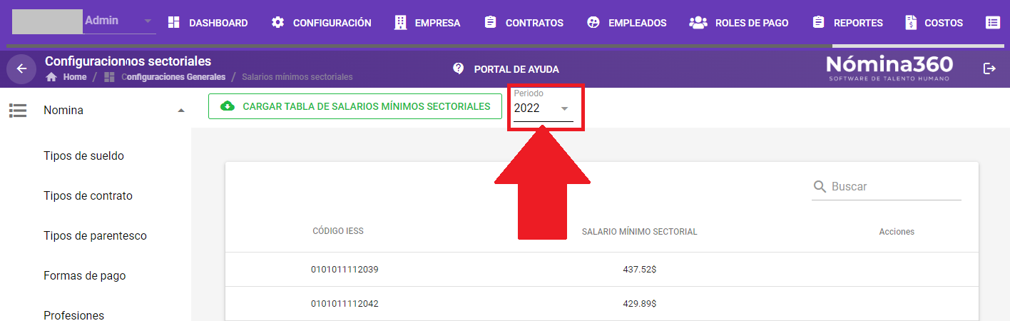 Selector de período en la pantalla de Salarios Mínimos Sectoriales