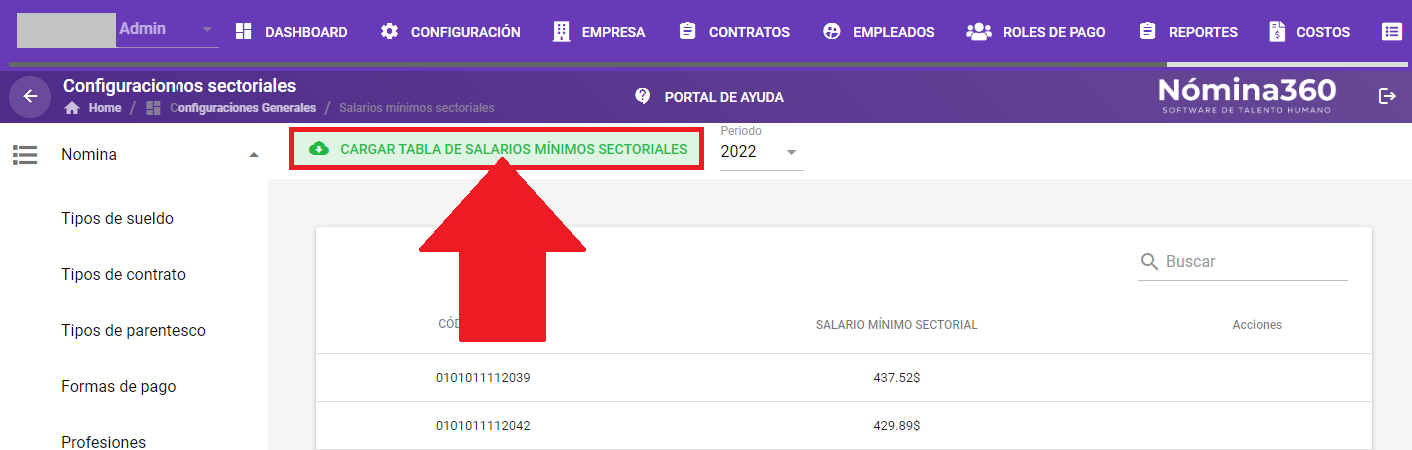 Botón Cargar Tabla de Salarios Mínimos Sectoriales