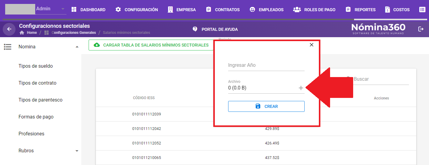 Formulario con el campo Año y el botón + para cargar el archivo