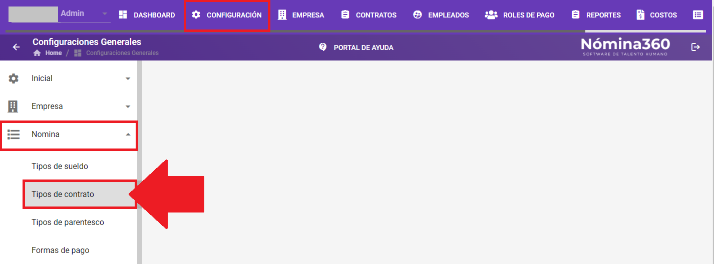 Acceso al menú Tipo de Contrato dentro de Configuración → Nómina