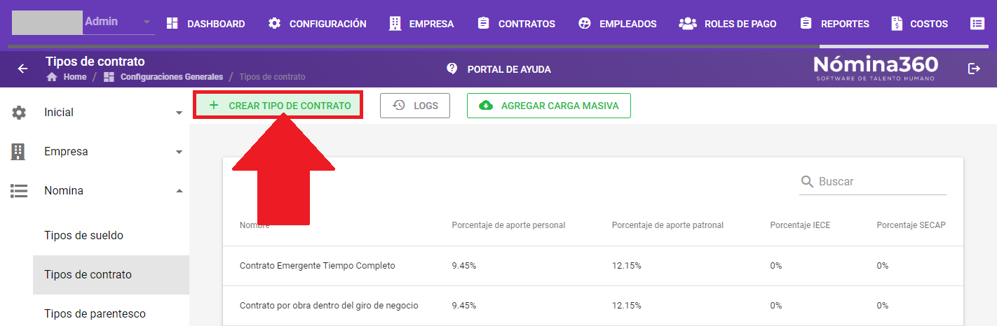 Botón + Crear tipo de contrato en el listado