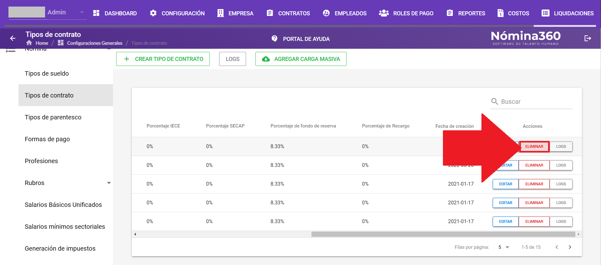 Acción Eliminar junto a un tipo de contrato