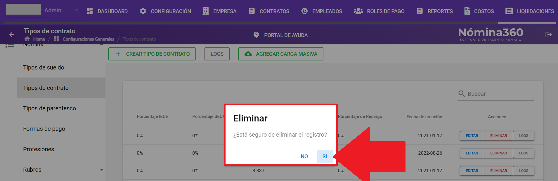 Cuadro de confirmación con la opción Sí para eliminar