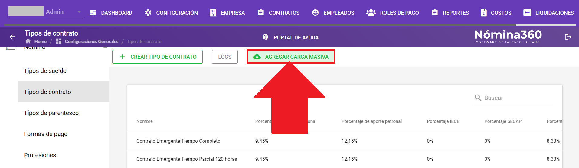 Botón Agregar carga masiva en el listado de tipos de contrato